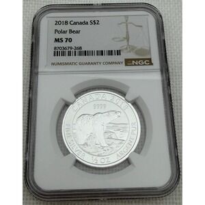 2018 Canada S$2 Polar Bear 1/2 oz Fine Silver Coin NGC MS 70 8703679-268